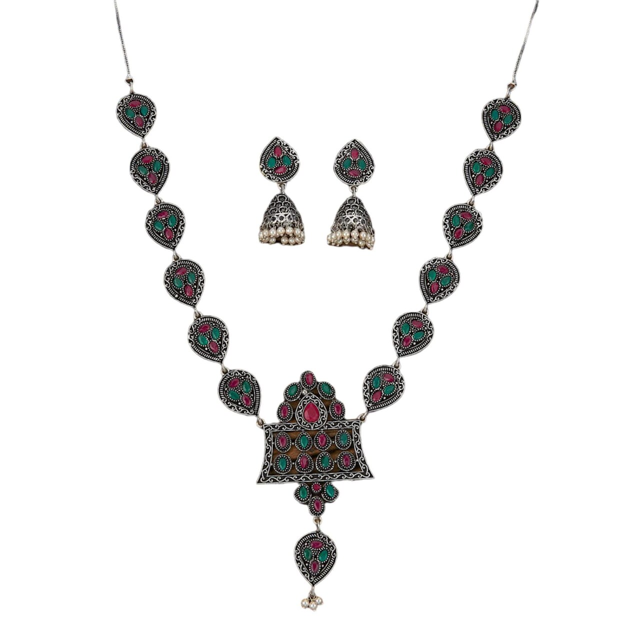 Indian Oxidized Jewelry Boho Tribal Jewelry Indian Long Necklace Bohemian Jewelry Afghani Tribal Tassel Long Ghungroo Necklace Earrings Set Choker Necklace Fashion Jewelry